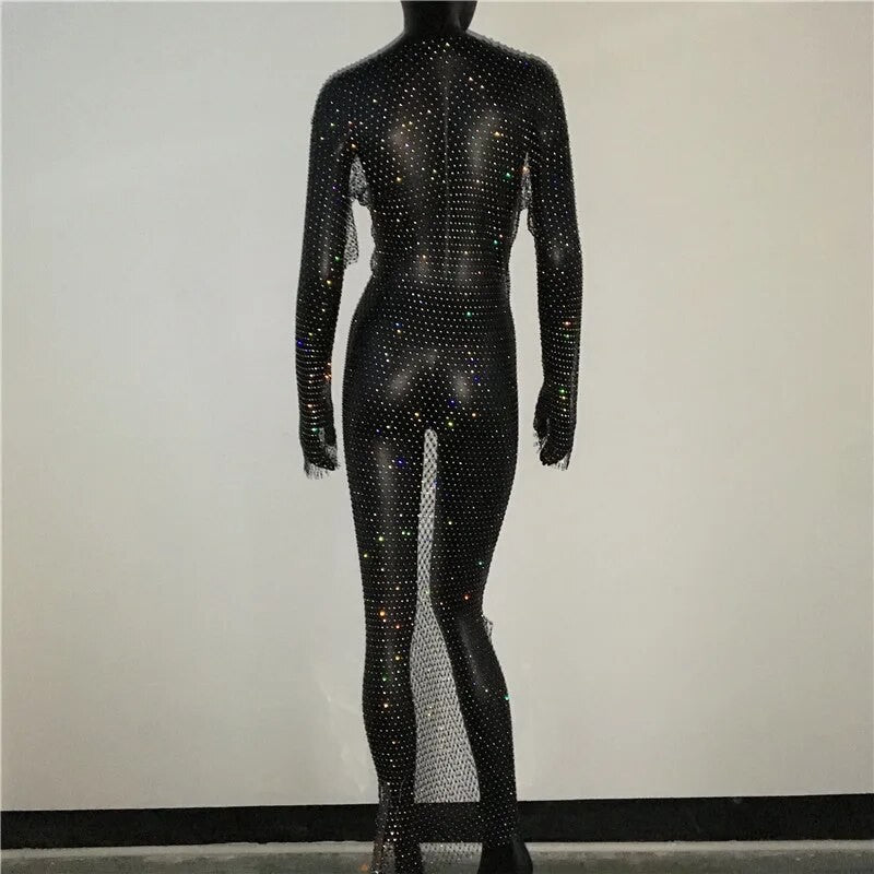 Abito spacchi long strass rete