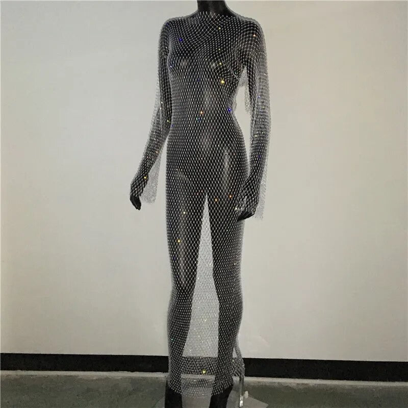 Abito spacchi long strass rete