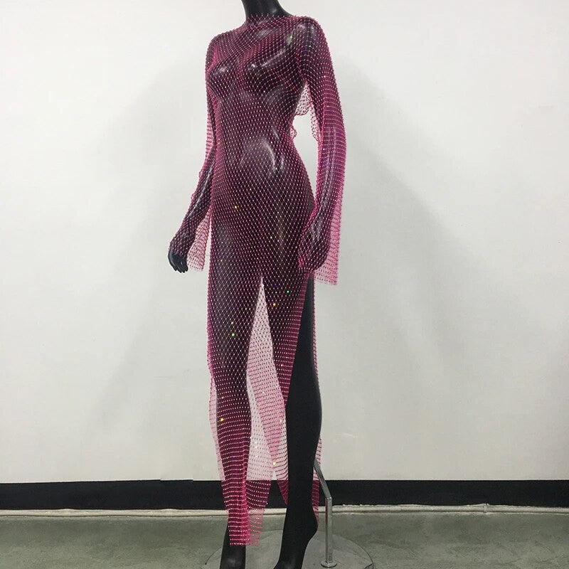 Abito spacchi long strass rete