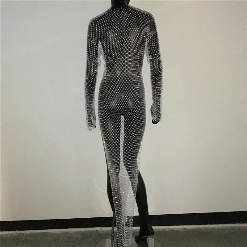 Abito spacchi long strass rete