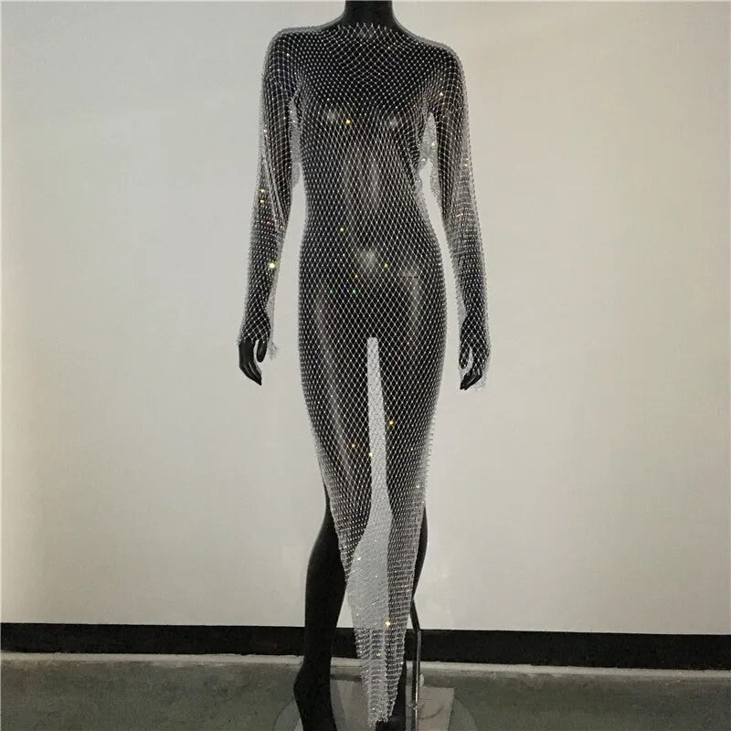 Abito spacchi long strass rete