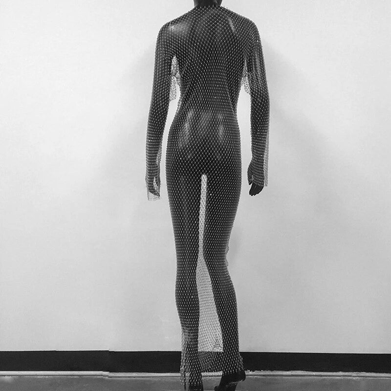 Abito spacchi long strass rete