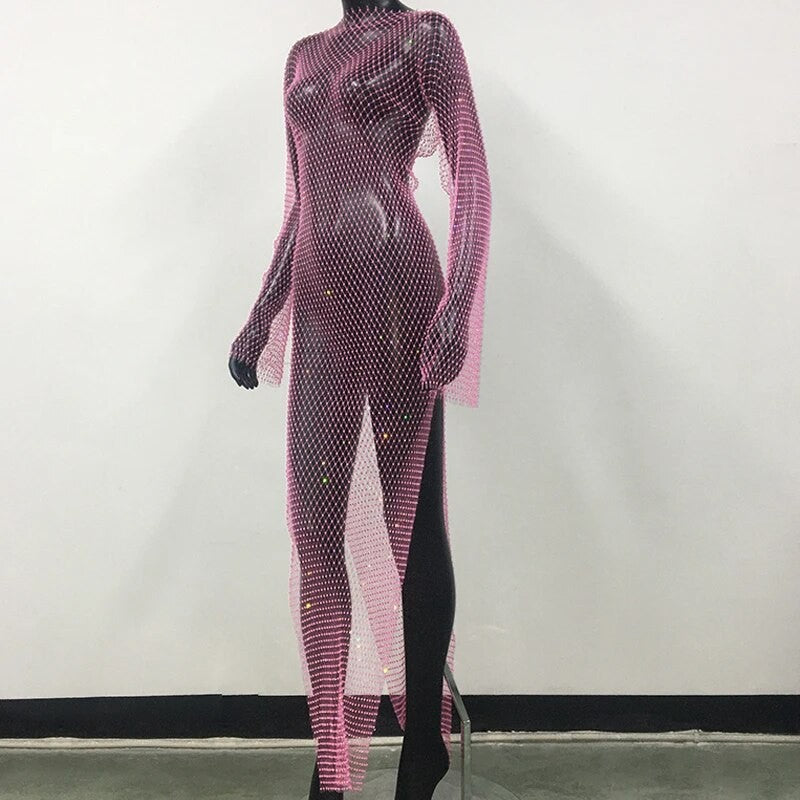 Abito spacchi long strass rete