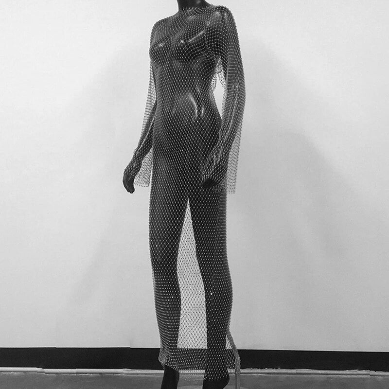 Abito spacchi long strass rete