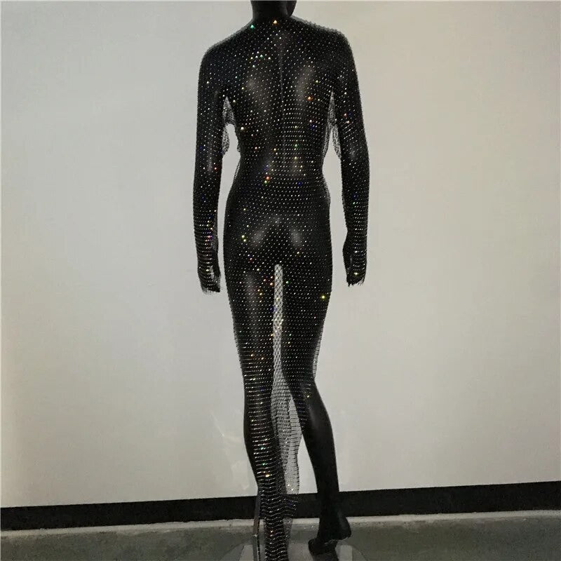Abito spacchi long strass rete
