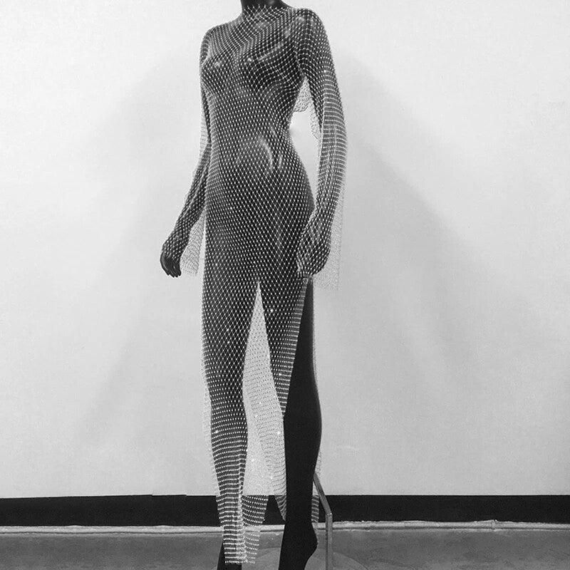 Abito spacchi long strass rete