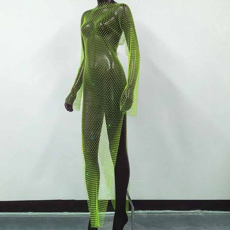 Abito spacchi long strass rete