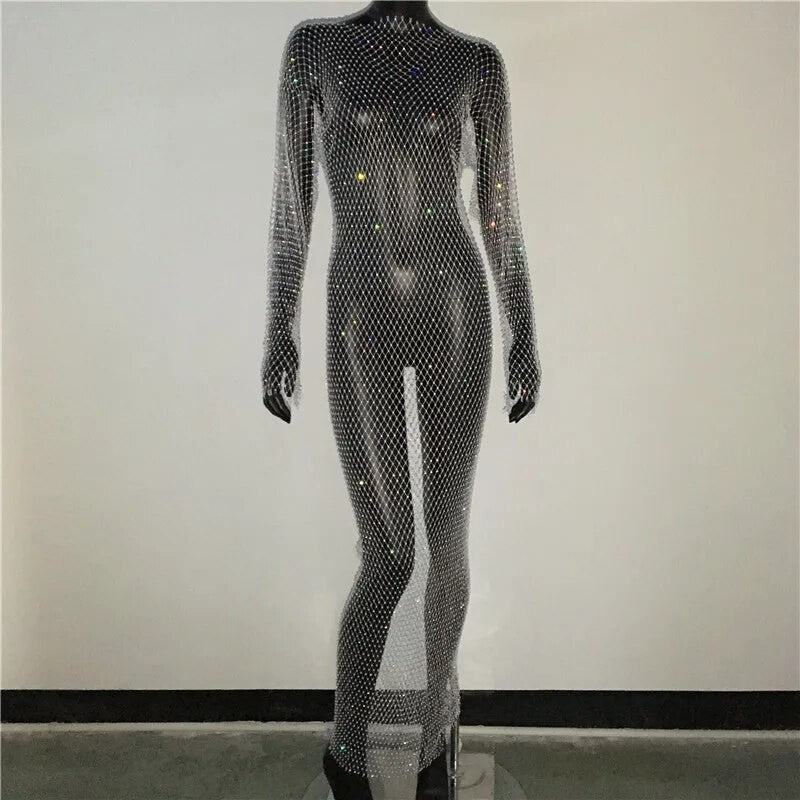 Abito spacchi long strass rete