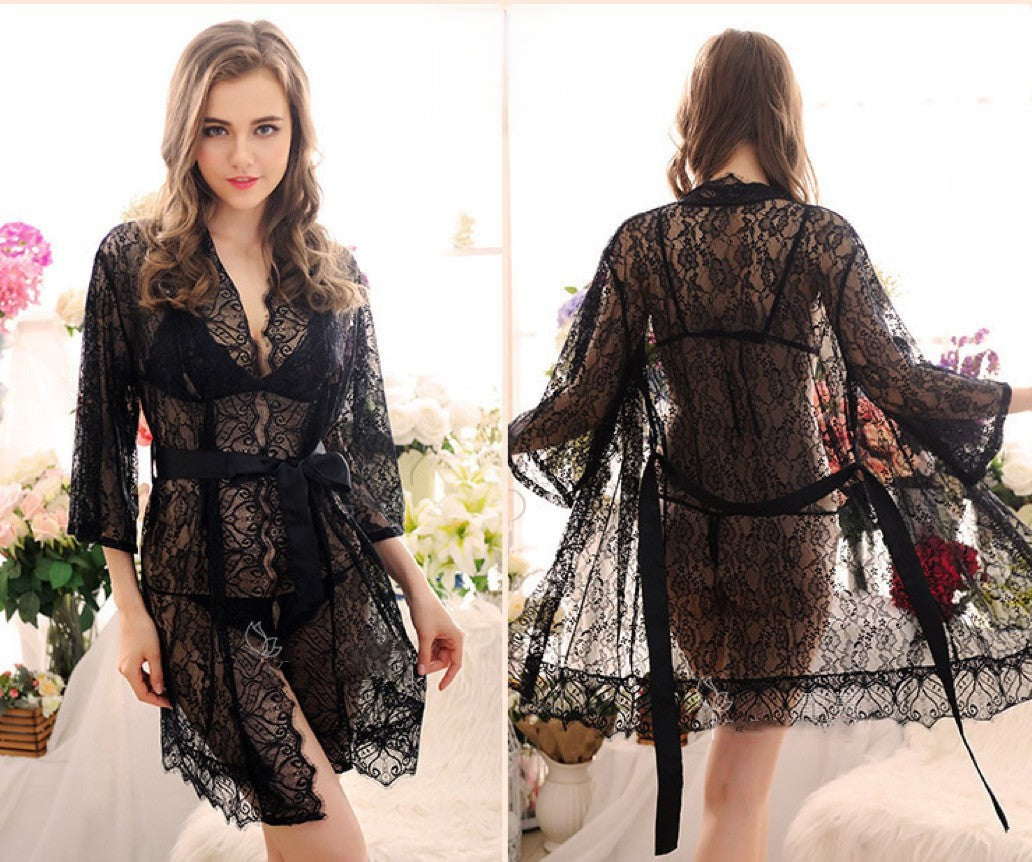 Vestaglia pizzo Annika cintura vita taglia unica vista frontale — Dream Shop
