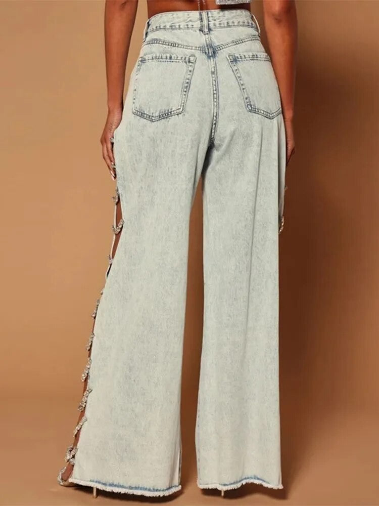 Jeans lateral strass-chains