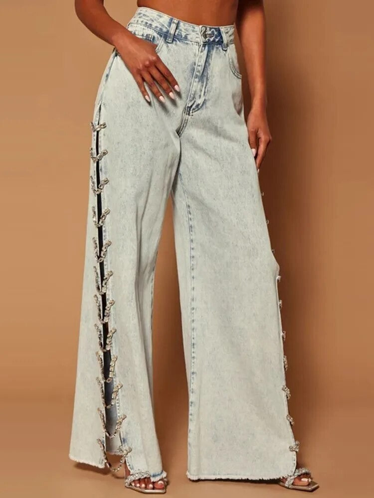 Jeans lateral strass-chains