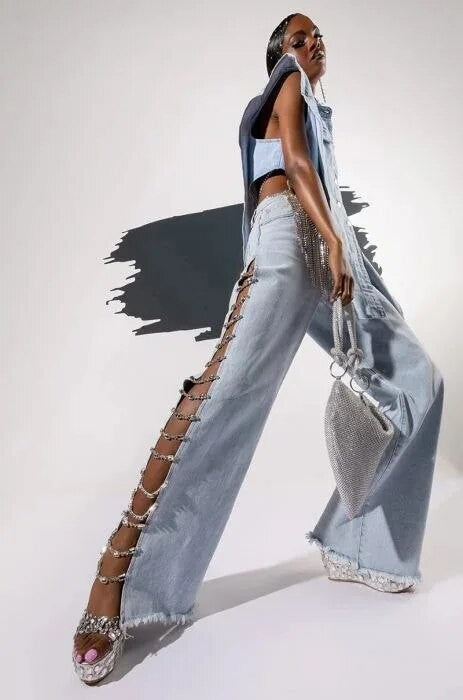 Jeans lateral strass-chains