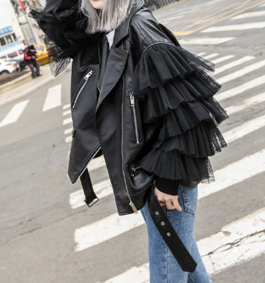 Giacca ecopelle balze-tulle