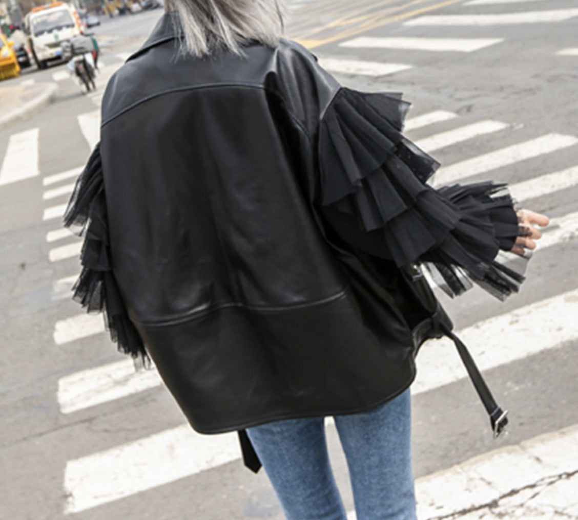 Giacca ecopelle balze-tulle