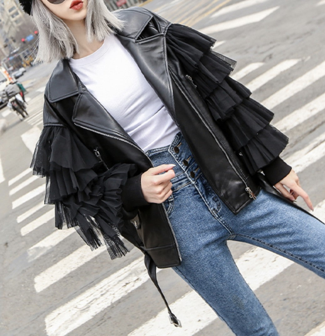 Giacca ecopelle balze-tulle