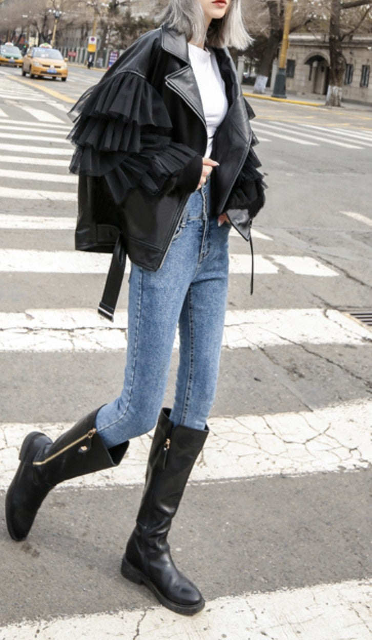 Giacca ecopelle balze-tulle