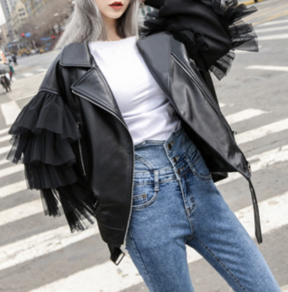 Giacca ecopelle balze-tulle