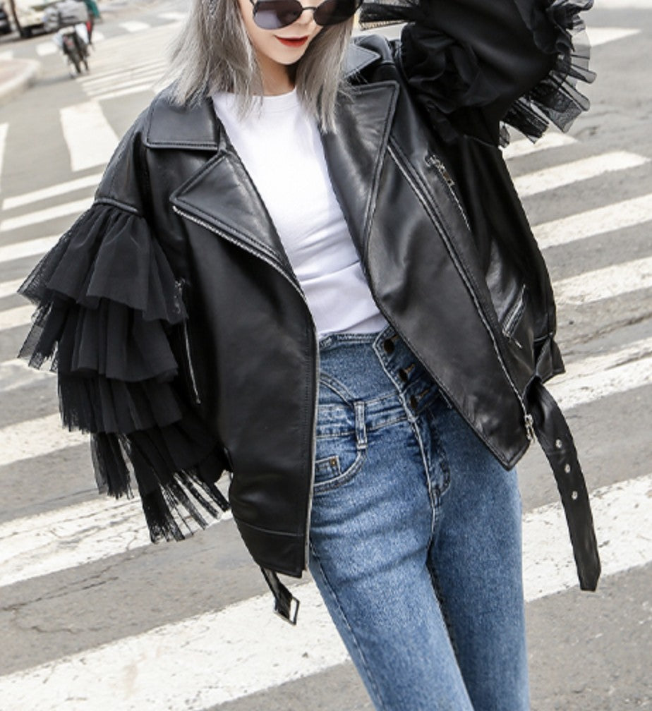 Giacca ecopelle balze-tulle