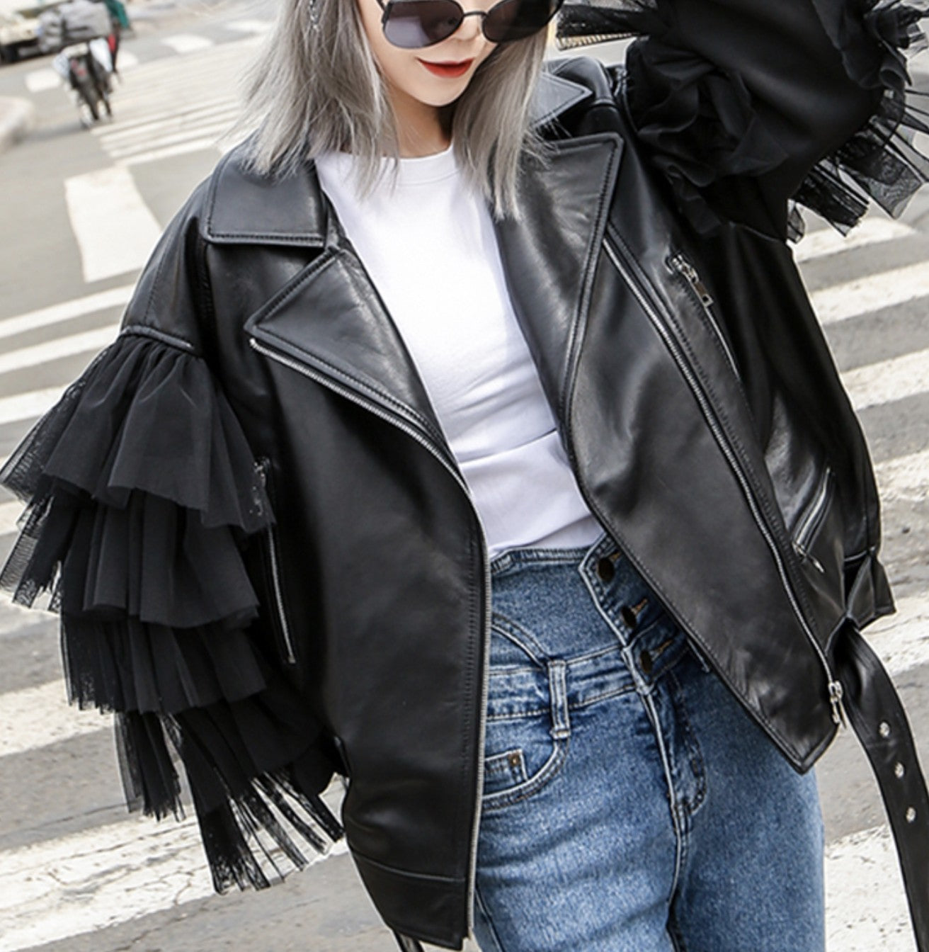 Giacca ecopelle balze-tulle