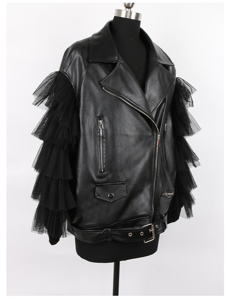 Giacca ecopelle balze-tulle