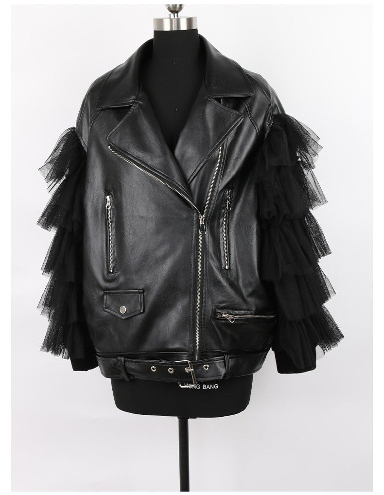 Giacca ecopelle balze-tulle