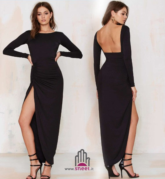 Square Long Dress — lycra scollo quadrato schiena drappeggio spacco vista frontale | Dream Shop
