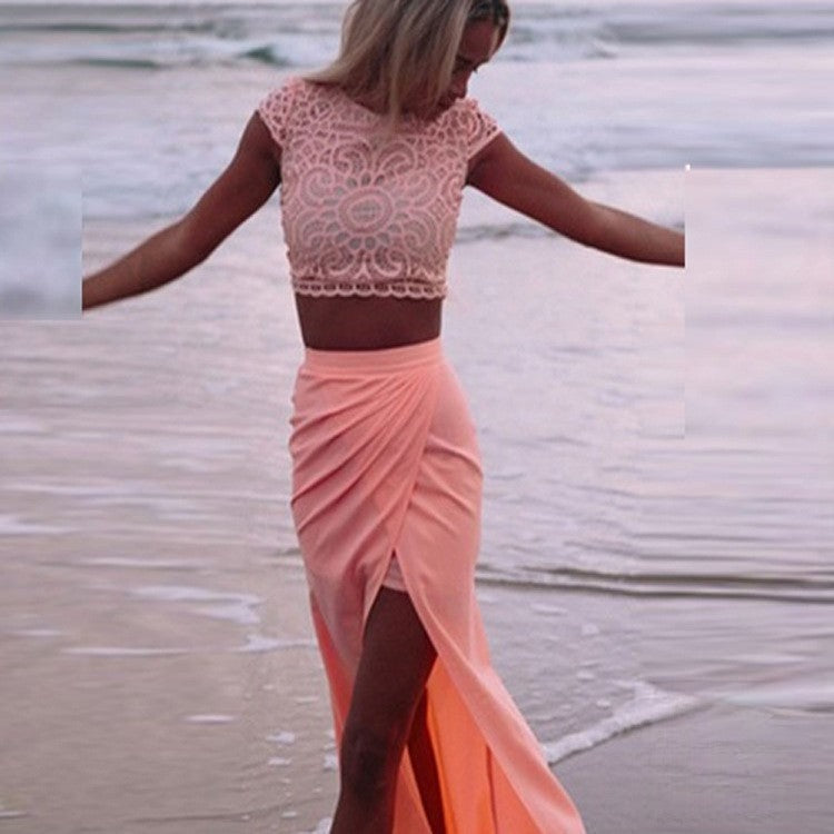 Complete Salvador lace top maxi skirt salmon front view — Dream Shop
