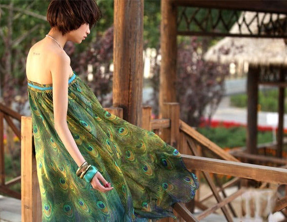 Peacock Dress — drappeggio fantasia pavone | Dream Shop