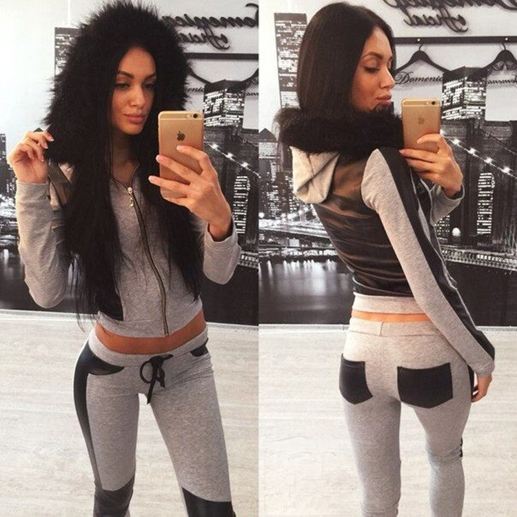 Tuta Lovka cotone inserti ecopelle cappuccio pelo nero grigio — Dream Shop