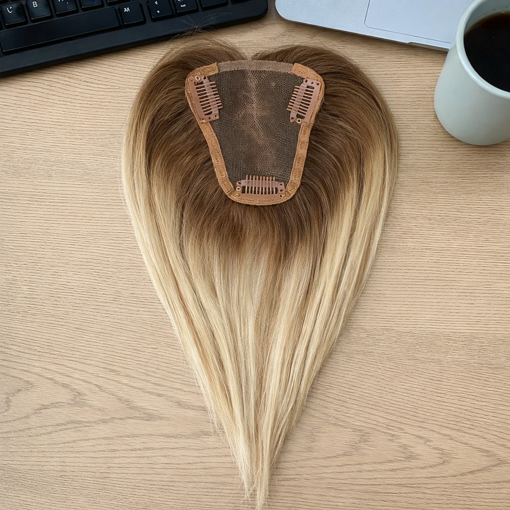 Taupe Topper in capelli veri con base in seta e clip