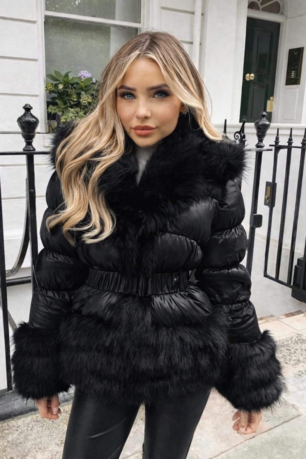 Piumino Elkezia arricciato trasformabile con ecopelliccia e cintura in vita