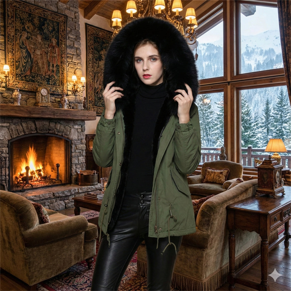 Parka corto nero cappuccio ecopelliccia vista frontale - Dream Shop