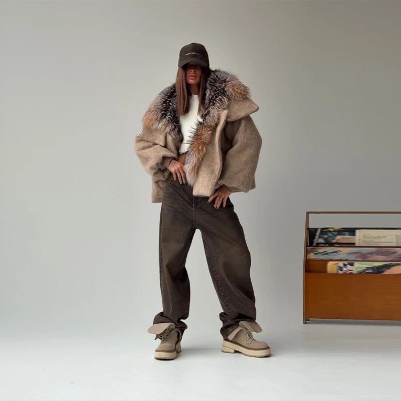 Parka corto in lana con maxi collo ecopelliccia - Kagrika