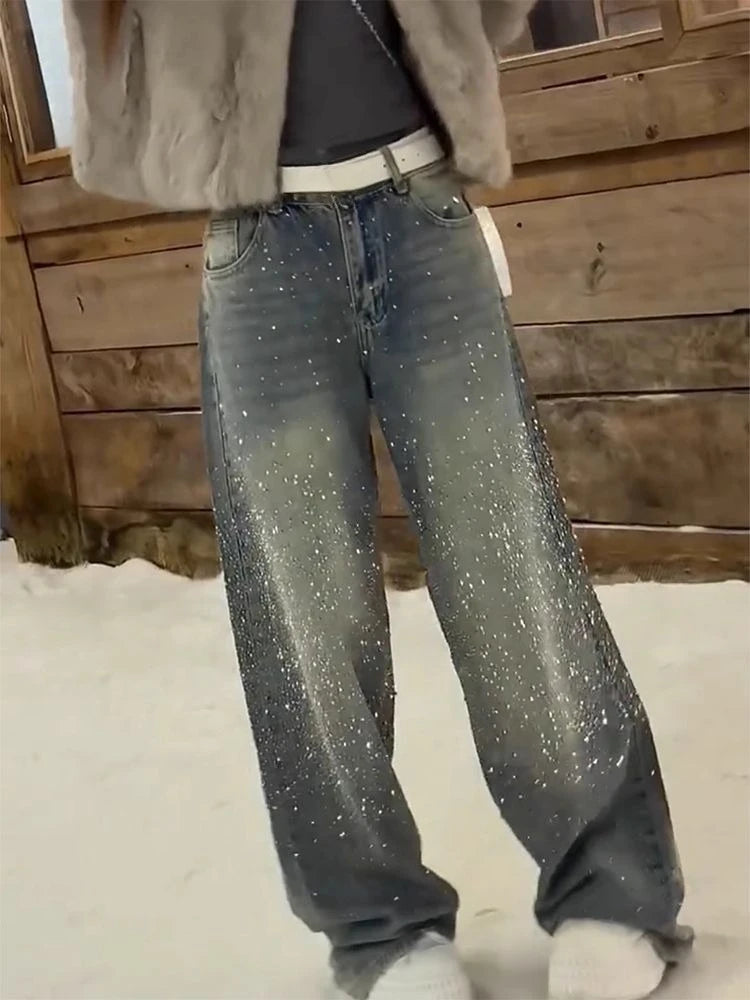 Jeans Donna Baggy a Gamba Larga con Cristalli e Lavaggio Sfumato