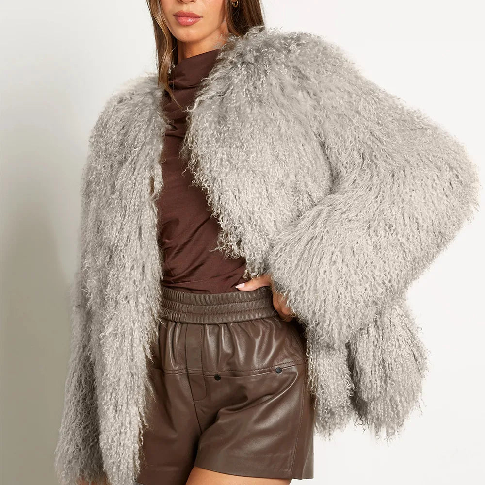 Pelliccia riccia Quatyr Giacca in eco pelliccia mongolia effetto pelo lungo riccio