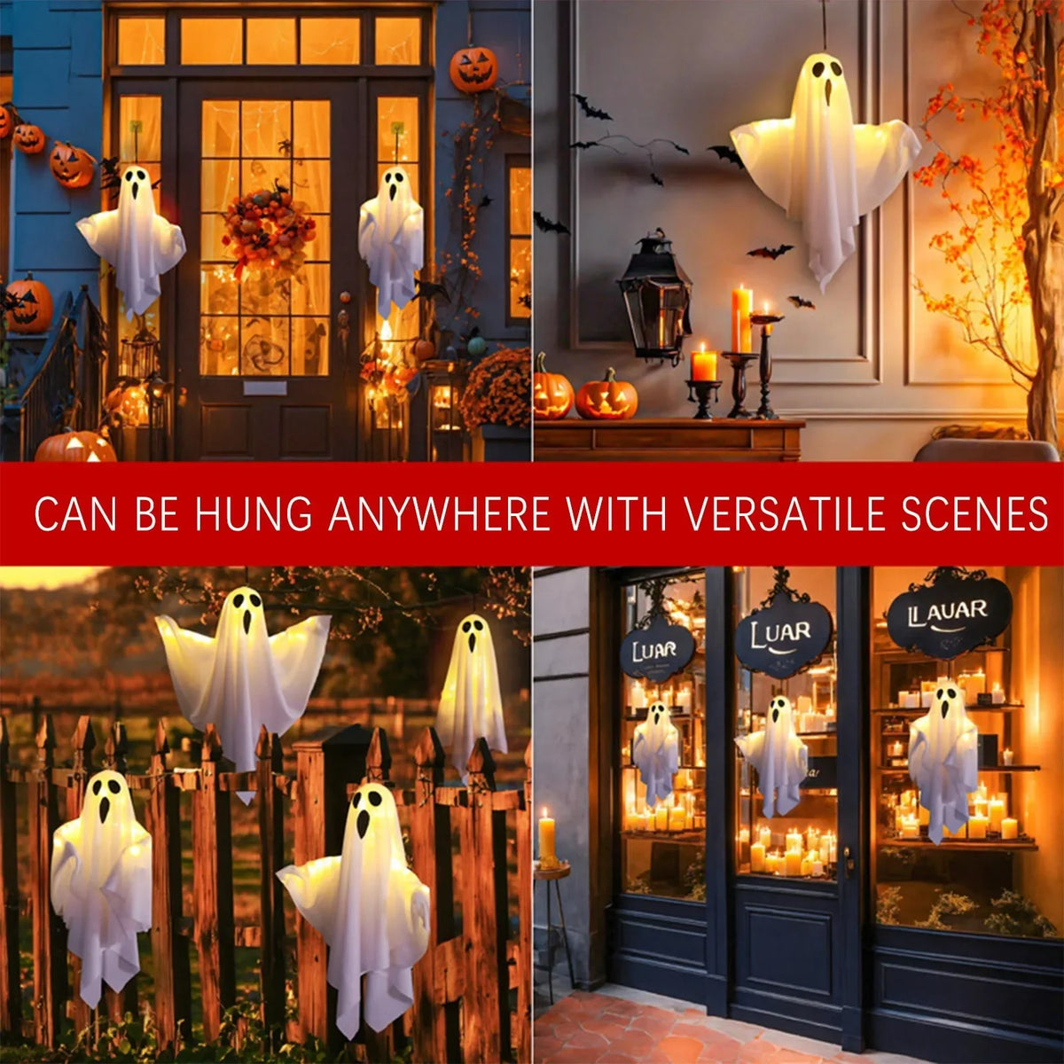 Fantasmi luminosi appesi a portico e finestra — Dream Shop