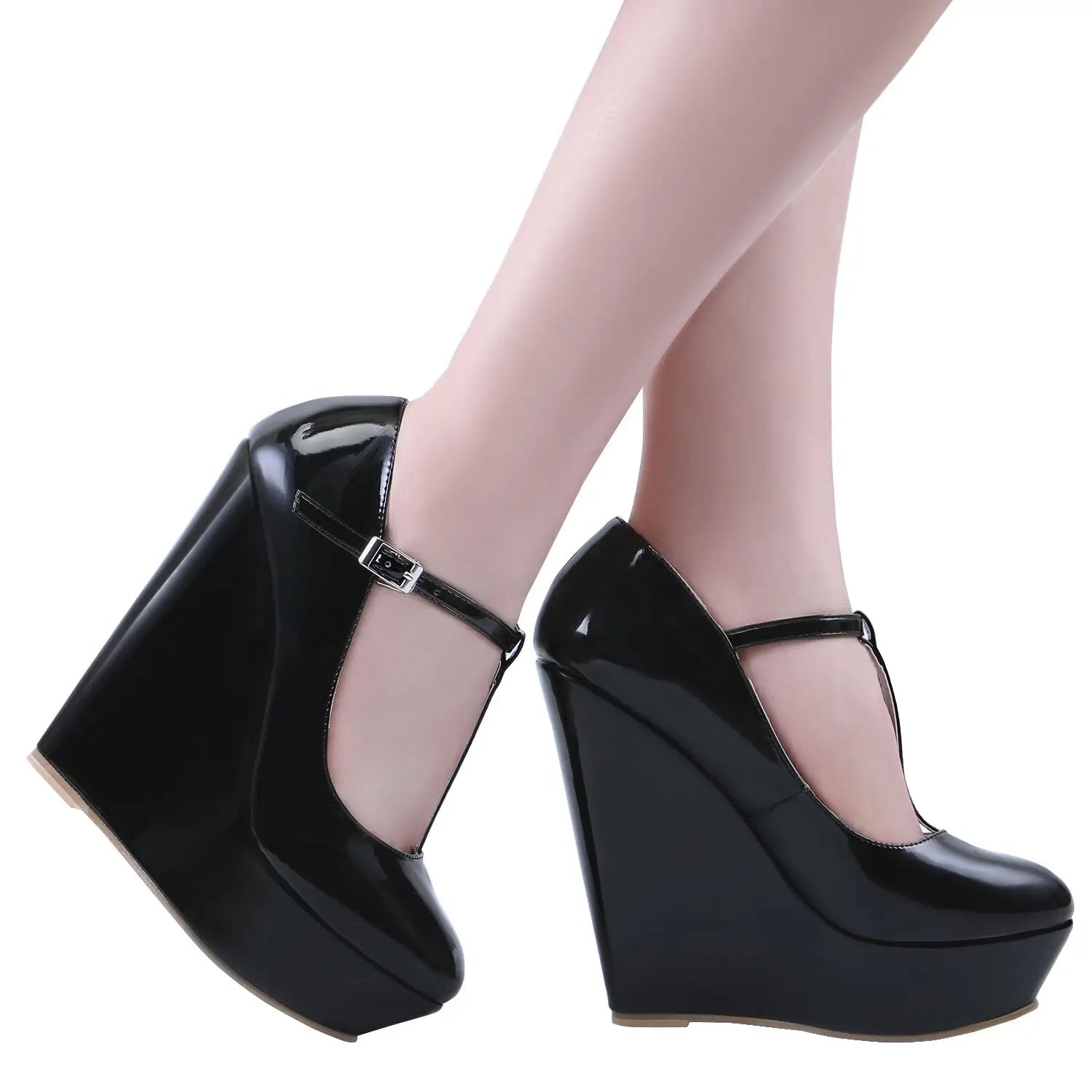 Zeppa Milady décolleté vernice con cinturino T-bar e plateau
