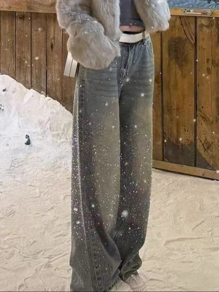 Jeans Donna Baggy a Gamba Larga con Cristalli e Lavaggio Sfumato