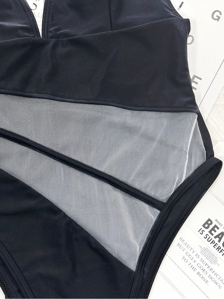 Monokini-body in lycra e tulle effetto nude look