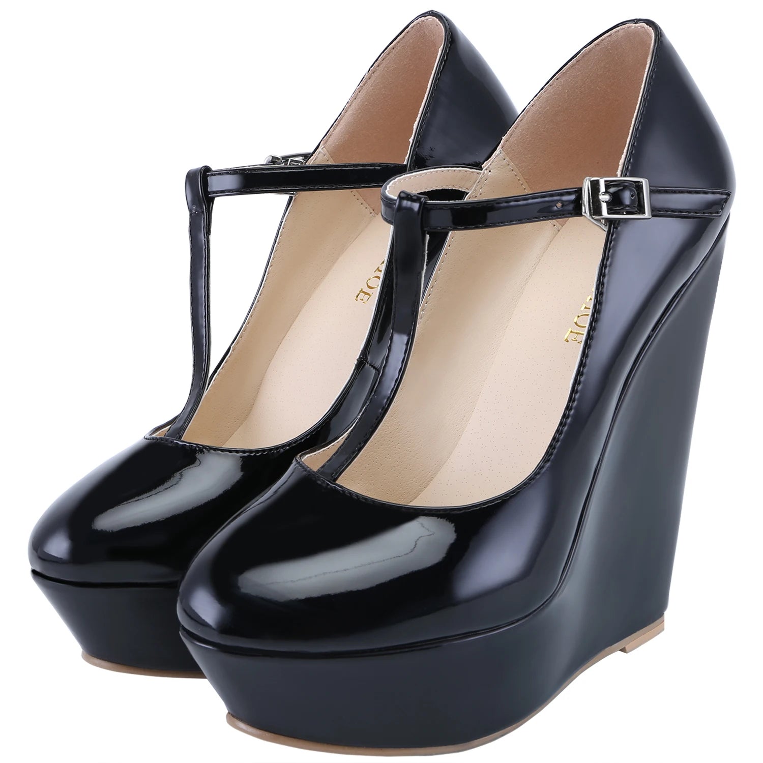 Zeppa Milady décolleté vernice con cinturino T-bar e plateau