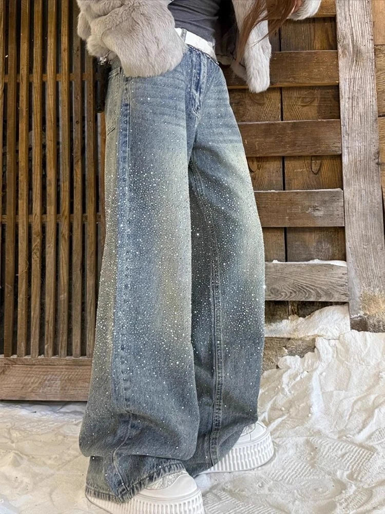 Jeans Donna Baggy a Gamba Larga con Cristalli e Lavaggio Sfumato