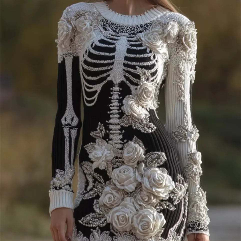 Abito scheletro tubino con ossa colore nero e rose bianche — Dream Shop
