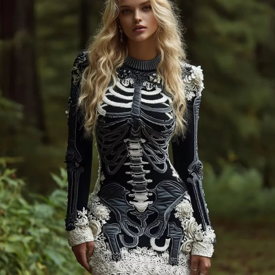 Abito scheletro tubino con ossa colore nero e pizzo bianco — Dream Shop