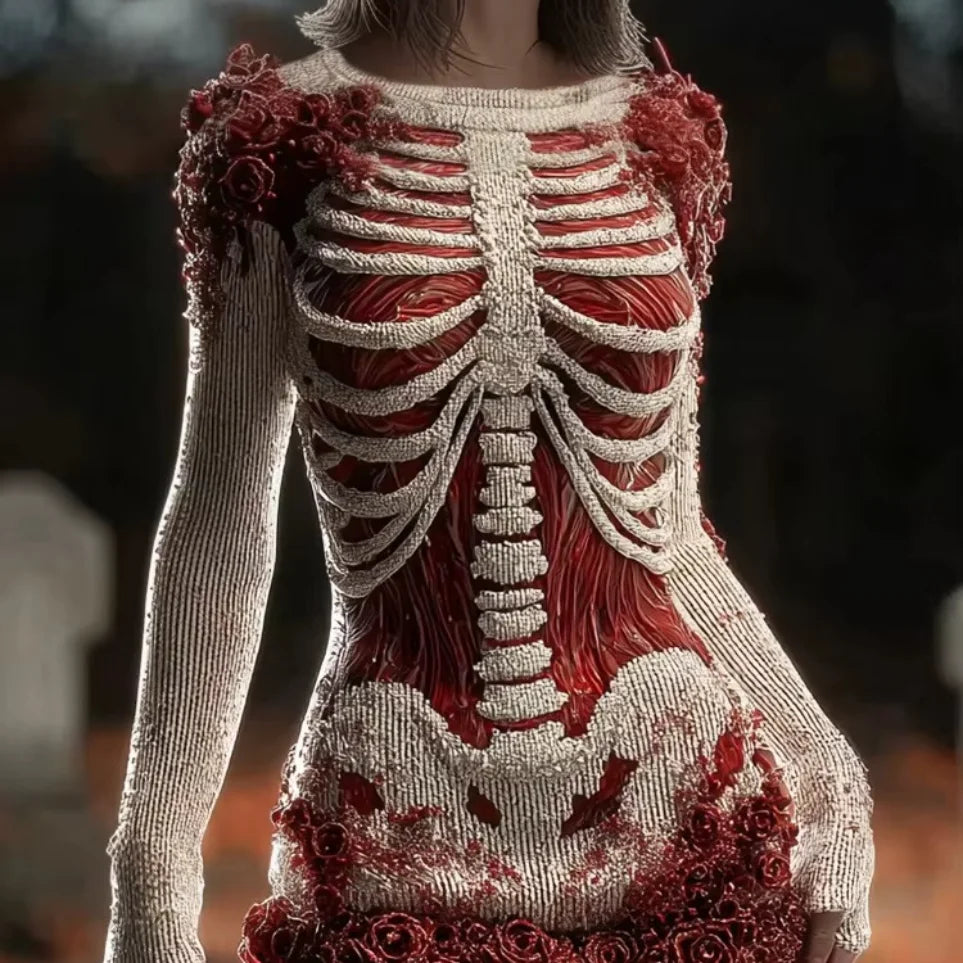 Abito scheletro tubino con ossa colore bianco e rosso sangue — Dream Shop