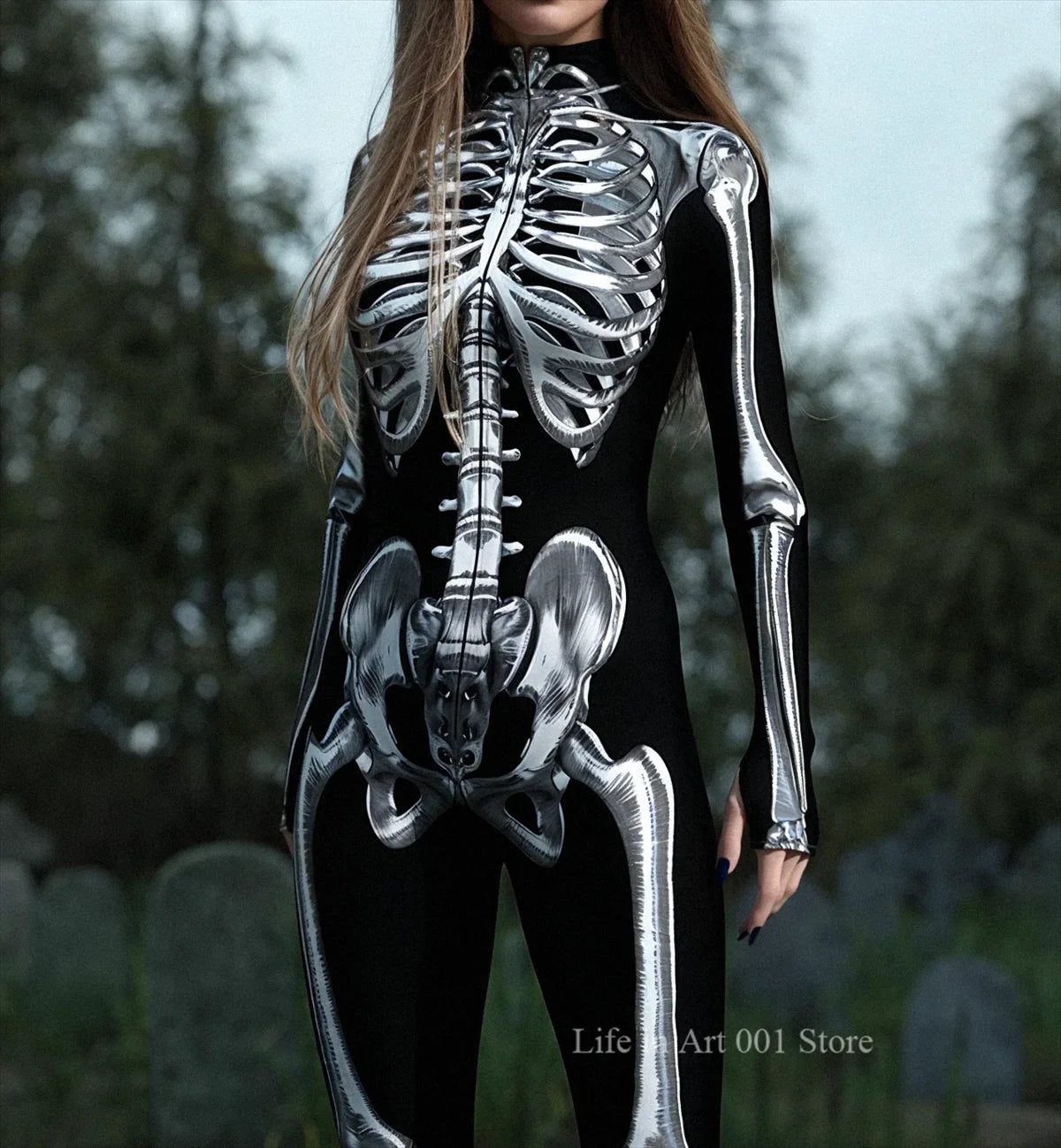 Tuta donna scheletro Halloween dettaglio stampa argento su modella — Dream Shop