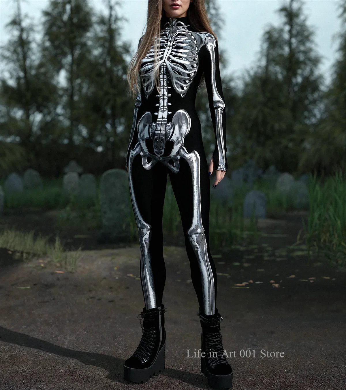 Tuta donna scheletro Halloween catsuit nero ossa argento su modella — Dream Shop