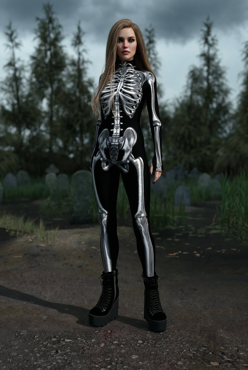 Tuta donna scheletro Halloween catsuit nero ossa argento su modella — Dream Shop