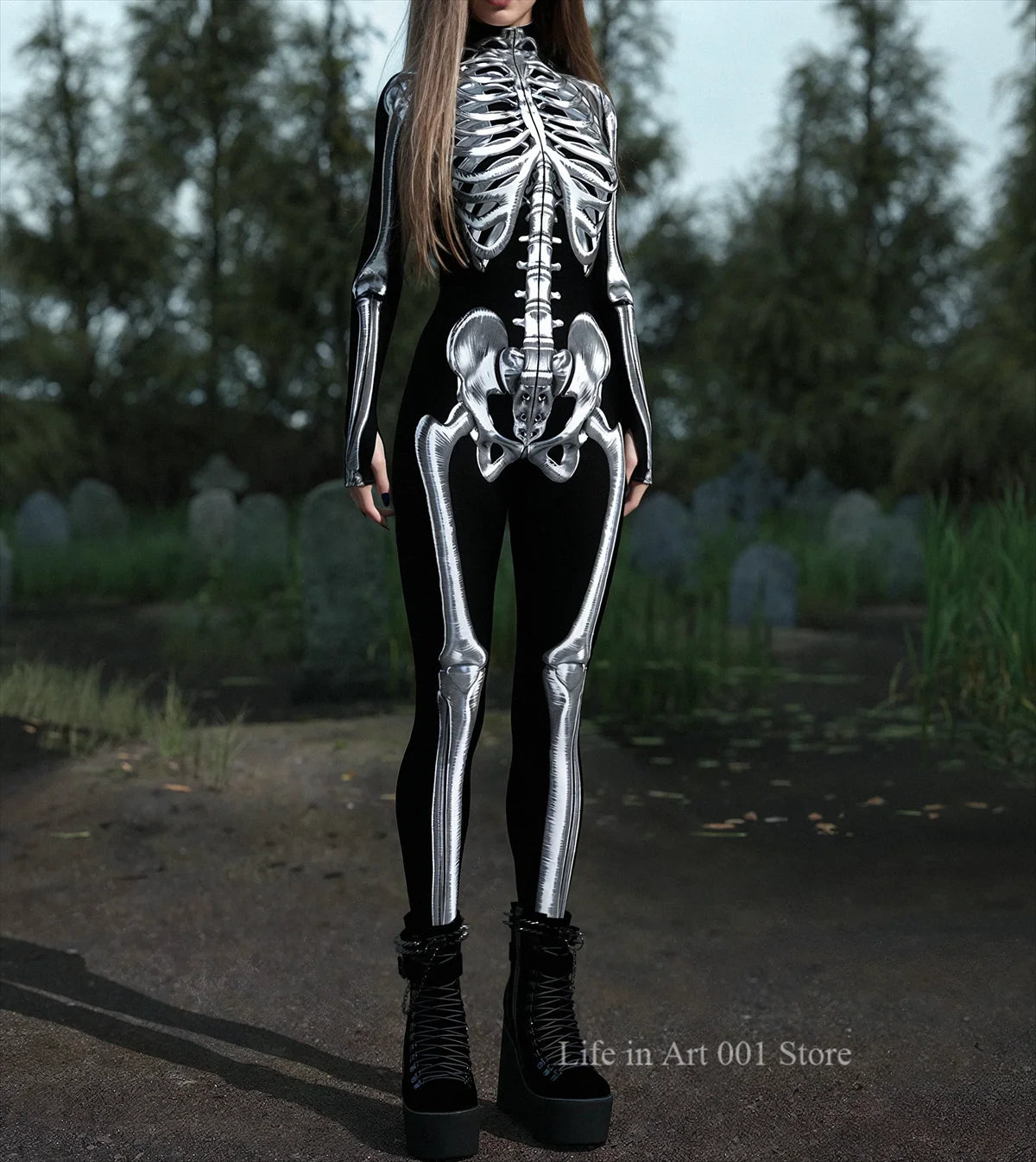Tuta donna scheletro Halloween vista frontale intera su modella — Dream Shop