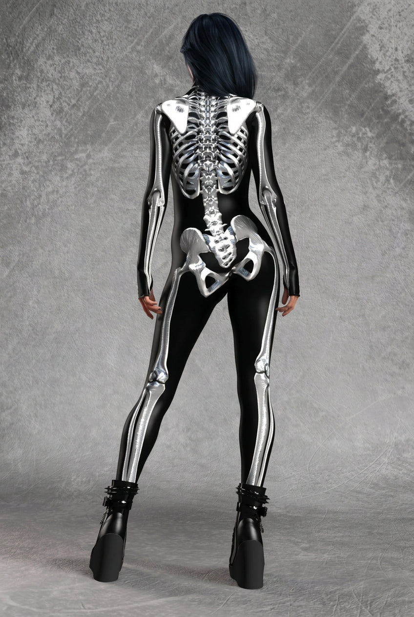 Tuta donna scheletro Halloween vista posteriore con colonna vertebrale — Dream Shop