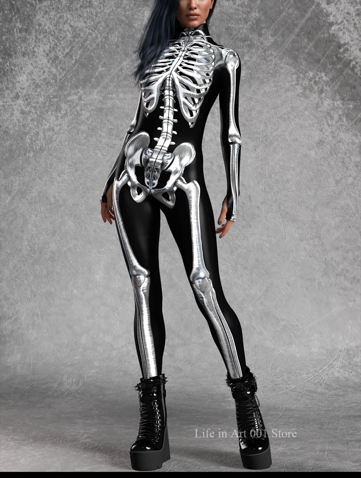 Tuta donna scheletro Halloween look completo con stivali su modella — Dream Shop